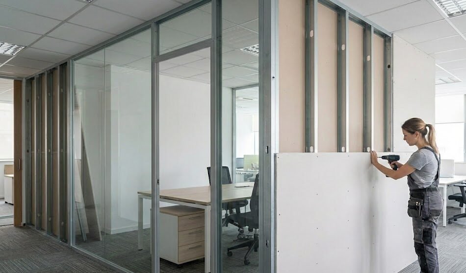 Instaladores Pladur realizando división de oficinas y locales comerciales