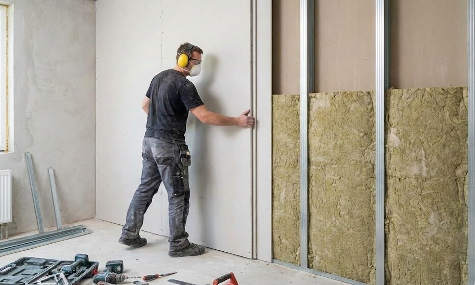 Instaladores Pladur colocando aislamiento acústico en pared